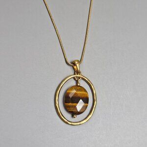 Lia Sophia Tuscan Tiger’s Eye Faceted Pendant Snake Chain Necklace Goldtone 16"-